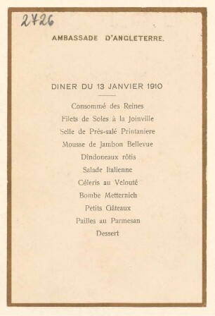 Menükarte : Ambassade d'Angleterre, Diner