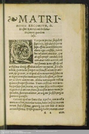 Matrimonii Encomium, D. Erasmi Roterodami declamatio, iuveni quondam lusa