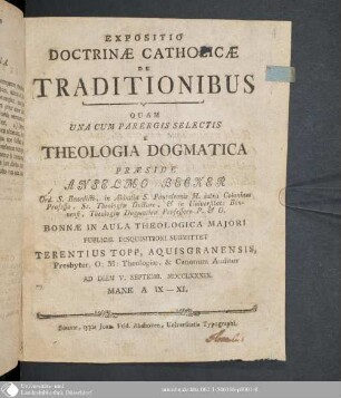 Expositio Doctrinae Catholicae De Traditionibus : Quam Una Cum Parergis Selectis E Theologia Dogmatica