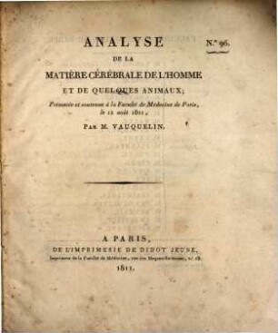 Analyse de la matière cérébrale de l'homme et de quelques animaux