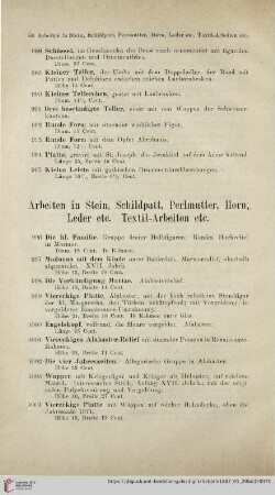 Arbeiten in Stein, Schildpatt, Perlmutter, Horn, Leder etc. Textil-Arbeiten etc (Nr. 996 - 1093)