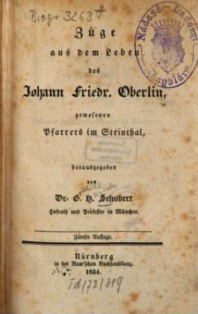 Züge aus dem Leben des Johann Friedr. Oberlin, gewesenen Pfarrers im Steinthal