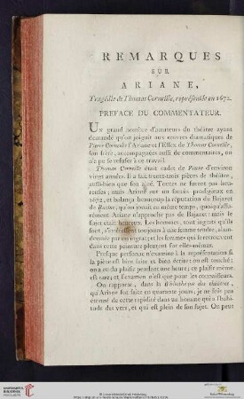 Remarques sur Ariane, Tragédie de Thomas Corneille, représentée en 1672