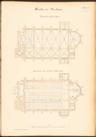Kirche, Virchow: Grundriss der Empore und unterer Grundriss 1:100