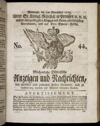 No. 44. Montags, den 1ten November 1762.