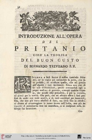 Introduzione all'opera del Pritanio cioe' la teorica del buon gusto di Bernardo Trevisano P. V.