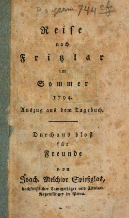 Reise nach Fritzlar im Sommer 1794 : Auszug aus dem Tagebuch