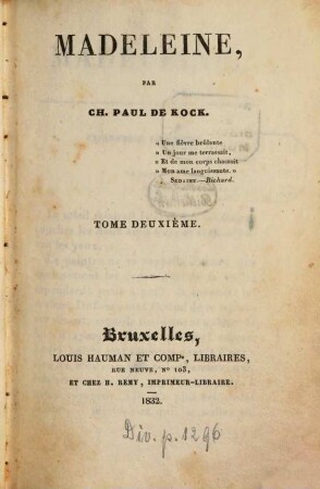 Madeleine, 2. (1832). - 2 Bl., 172 S., 1 Bl.