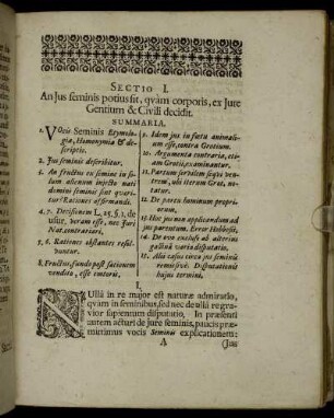 Sectio I. An Jus seminis potius sit, quam corporis, ex Jure Gentium & Civili decidit.