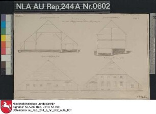Giebelansichten und Querprofile vom Platzgebäude der Domäne Klein-Heiselhusen bei CAMPEN Kolorierte Zeichnung von G. Behr Papier Format 45,0x28,1 M 1:161