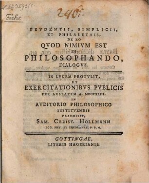 Prudentii, Simplicii et Philalethis, de eo quod nimium est in philosophando, dialogus