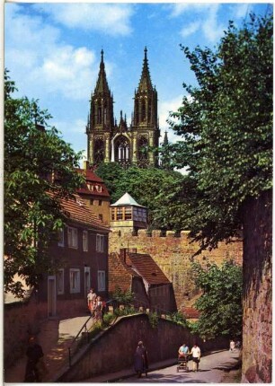 Meißen. Hohlweg, Schlossbrücke und Domtürme
