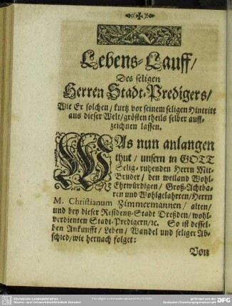 Lebenslauf : Lebens-Lauff Des seligen Herren Stadt-Predigers