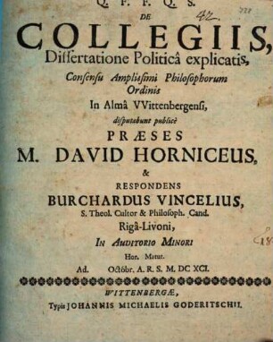 De collegiis, dissertatione polit. explicatis