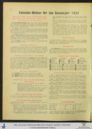 Kalender-Notizen für das Gemeinjahr 1939.