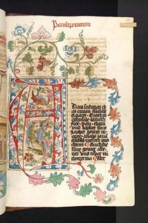 A-Initiale mit Drachen, Greifvogel-Fabeltier und Rankenwerk