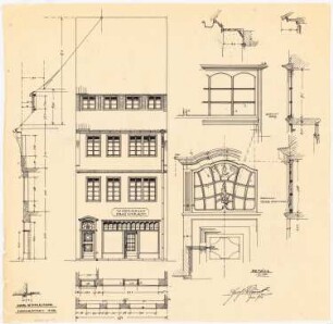 Fassaden der nach dem Brand am 17. Juni 1915 wiederaufgebauten Häuser, Duderstadt: Aufriss: Ansicht von der Straße 1:50; Fassadenschnitte horizontal und vertikal 1:50; Details 1:10: Haustür und Ladentüroberlicht in Ansicht und Vertikalschnitt