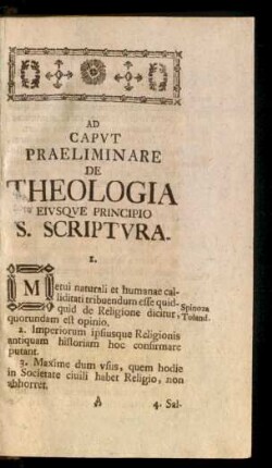 Ad Caput Praeliminiare De Theologia Eiusque Principio S. Scriptura