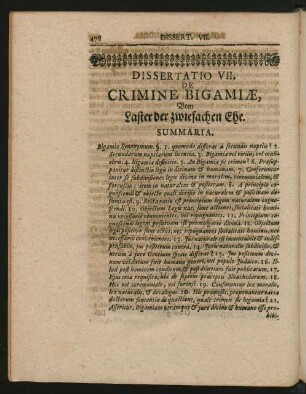 Dissertatio VII. De Crimine Bigamiae, Vom Laster der zwiefachen Ehe.