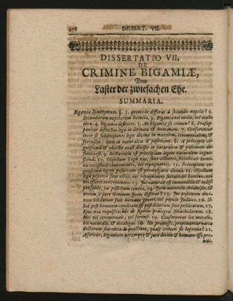Dissertatio VII. De Crimine Bigamiae, Vom Laster der zwiefachen Ehe.