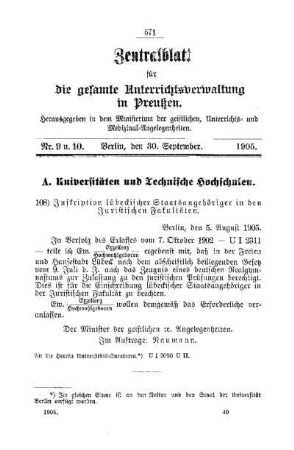 Inskription lübeckischer Staatsangehöriger in den Juristischen Fakultäten : [A. Universitäten und Technische Hochschulen]