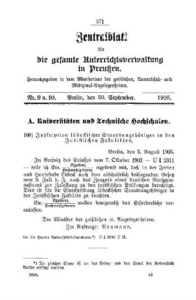 Inskription lübeckischer Staatsangehöriger in den Juristischen Fakultäten : [A. Universitäten und Technische Hochschulen]