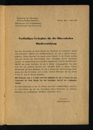 Vorläufiger Lehrplan für die Oberschulen Musikerziehung