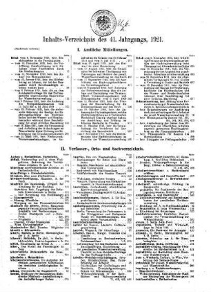 Inhalts-Verzeichnis des 41. Jahrgangs, 1921.
