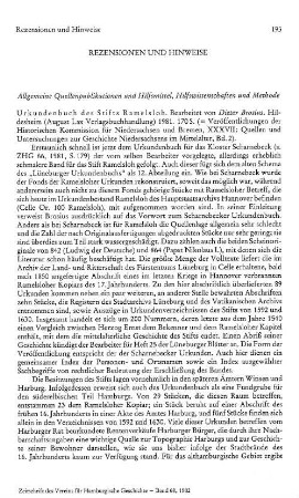 Urkundenbuch des Stifts Ramelsloh, bearb. von Dieter Brosius, (Veröffentlichungen der Historischen Kommission für Niedersachsen und Bremen, 37), (Quellen und Untersuchungen zur Geschichte Niedersachsens im Mittelalter, 2) : Hildesheim, Lax, 1981