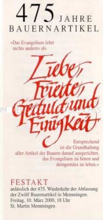 Programm zum Festakt anlässlich der 475. Wiederkehr der Abfassung der Zwölf Bauernartikel in Memmingen, handsigniert von Bundespräsident Johannes Rau