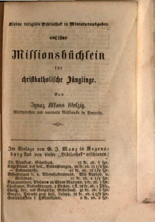 Missionsbüchlein, oder neue Beherzigungen für christkatholische Jünglinge