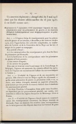 Règlement du 7 septembre 1915 concernant l'Agence de renseignements pour les prisonniers de guerre et les internés