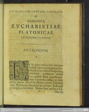Exercitatio Anti-Lactantiana De Mendosa Eucharistiae Platonicae Interpretatione