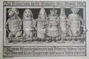 Satirische Postkarte: Erinnerungskarte zur Lebensmittelrationierung 1916