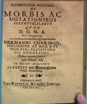 Dissertatio Politica De Moribus Ac Mutationibus Rerumpublicarum