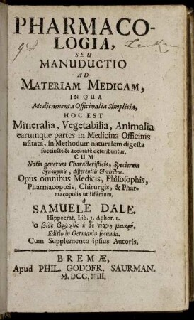 [Hauptwerk]: Pharmacologia, Seu Manuductio Ad Materiam Medicam. [Hauptwerk]