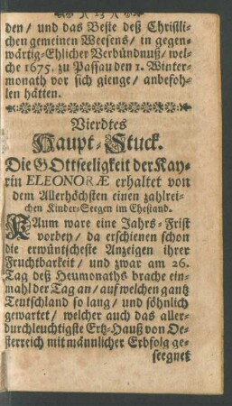 Vierdtes Haupt-Stuck. Die GOttseeligkeit der Kayrin [!] Eleonorae erhaltet von dem Allerhöchsten einen zahlreichen Kinder-Segen im Ehestand