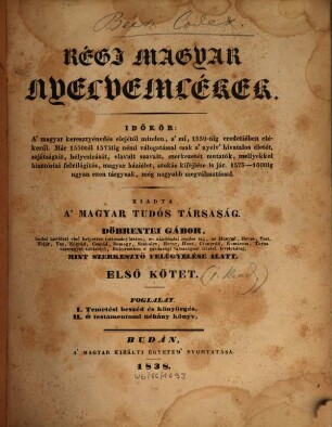 Régi magyar, Kötet 1 (1838)