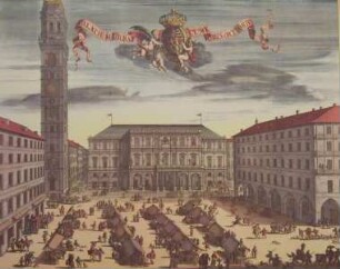 Die Stadt Turin gesehen vom "Theatrum Sabaudiae" - gesehen vom Piazza delle Erbe, dem heutigen Piazza Palazzo di Citta, mit dem charakteristischen Gemüsemarkt von dem der alte Name kommt (Der Stich wird Borgonio zuge-schrieben.)