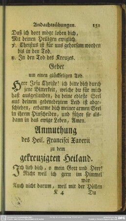 Anmuthung des Heil. Francisci Xaverii zu dem gekreuzigten Heiland