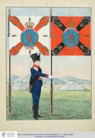 Abbildung Des Gros[s]herzoglich Hessischen Militair. [Tafel 23: Garde-Füsilier-Regiment; Fahnenträger in der Uniform eines Sergeanten mit den beiden Fahnen des Regiments]. S.l.e.a. [ca. 1813/14]