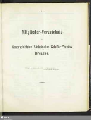 Mitglieder-Verzeichnis des Concessionirten Sächsischen Schiffer-Vereins Dresden
