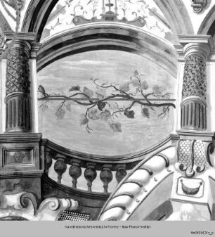 Freskenausstattung der Galleria : Deckendekoration : Gemalte Bogenöffnung mit Weinranken und Blumenvase