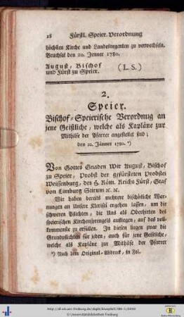 2. Bischöflich-Speierische Verordnung an jene Geistliche, welche als Kaplane zur Mithilfe der Pfarrer angestellet sind, den 20. Jänner 1780.