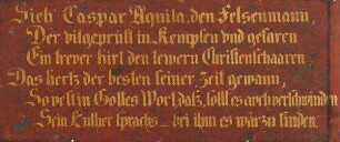 Teil einer Wandvertäfelung mit dem Schrifttext zu Caspar Aquila (M.064, Reformatorenzimmer)