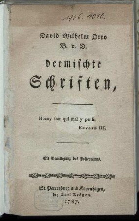 David Wilhelm Otto B. v. D. vermischte Schriften
