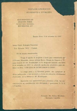 Texto de aprobación eclesiastica otorgada