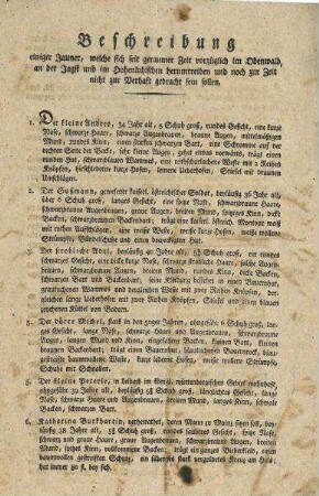 Steckbrief "Beschreibung einiger Jauner, welche sich seit geraumer Zeit vorzüglich im Odenwald, an der Jagst und im Hohenlohischen herumtreiben..."