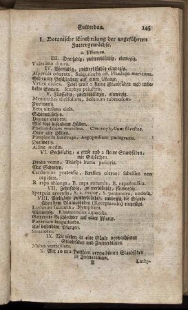 I. Botanische Eintheilung der angeführten Futtergewächse. - II. Litteratur.