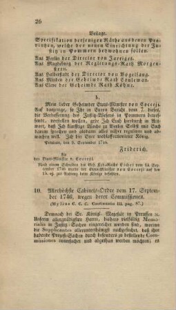 10. Allerhöchste Cabinets-Ordre vom 17. September 1746, wegen derer Commissionen.